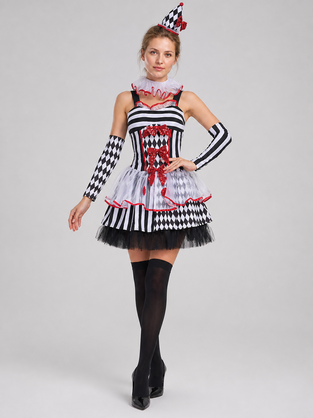Circus-Style Clown Costume with Bows for Halloween Costumes detail 2
