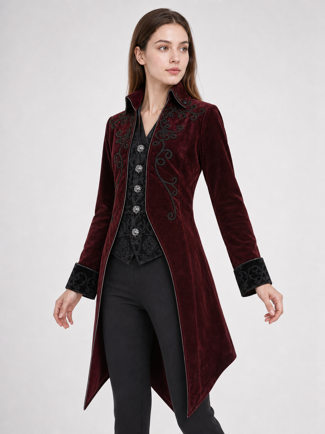 Embroidered Tailcoat, Burgundy with Black