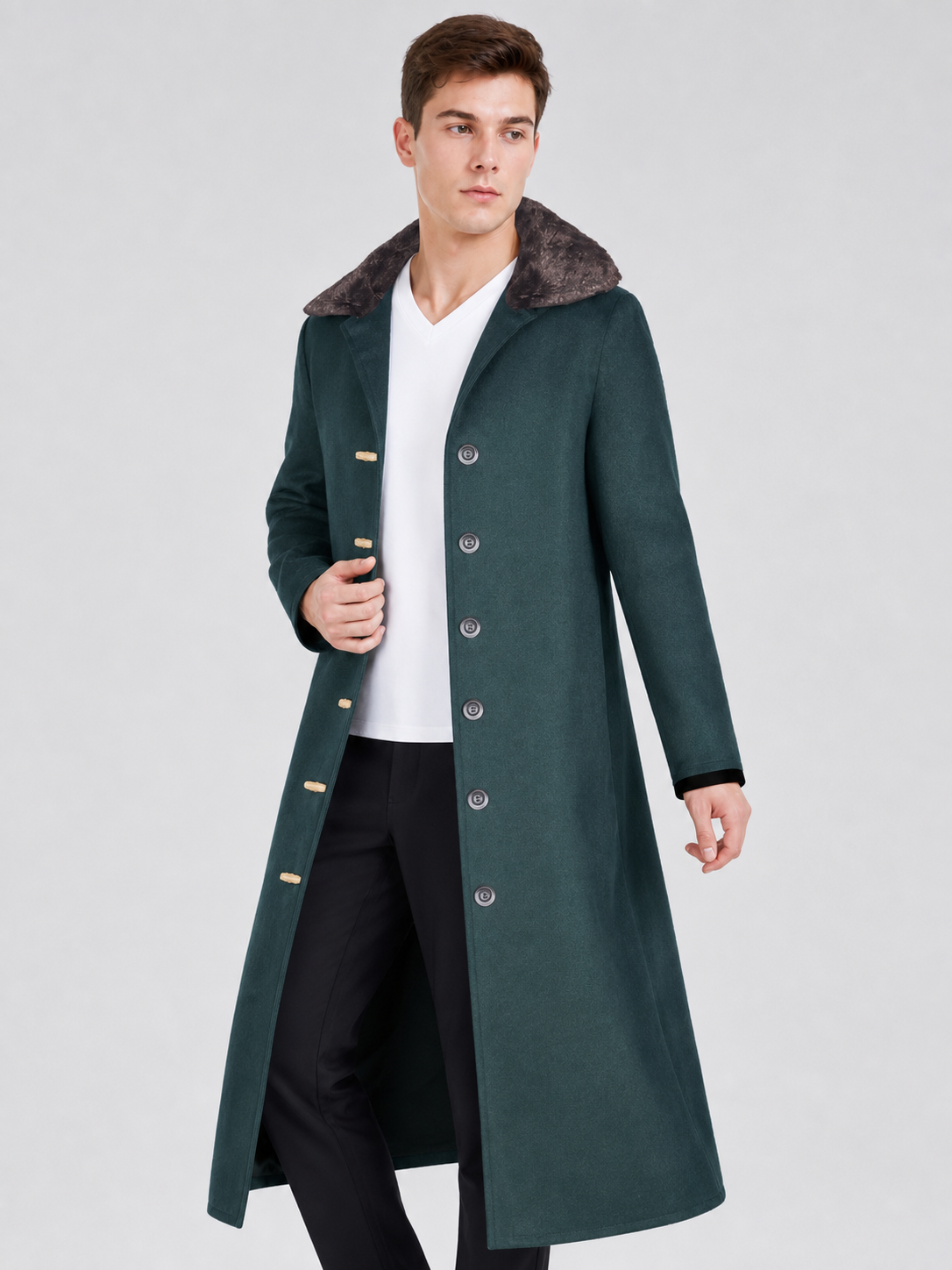 Green Long Coat with Fur Collar for Cosplay