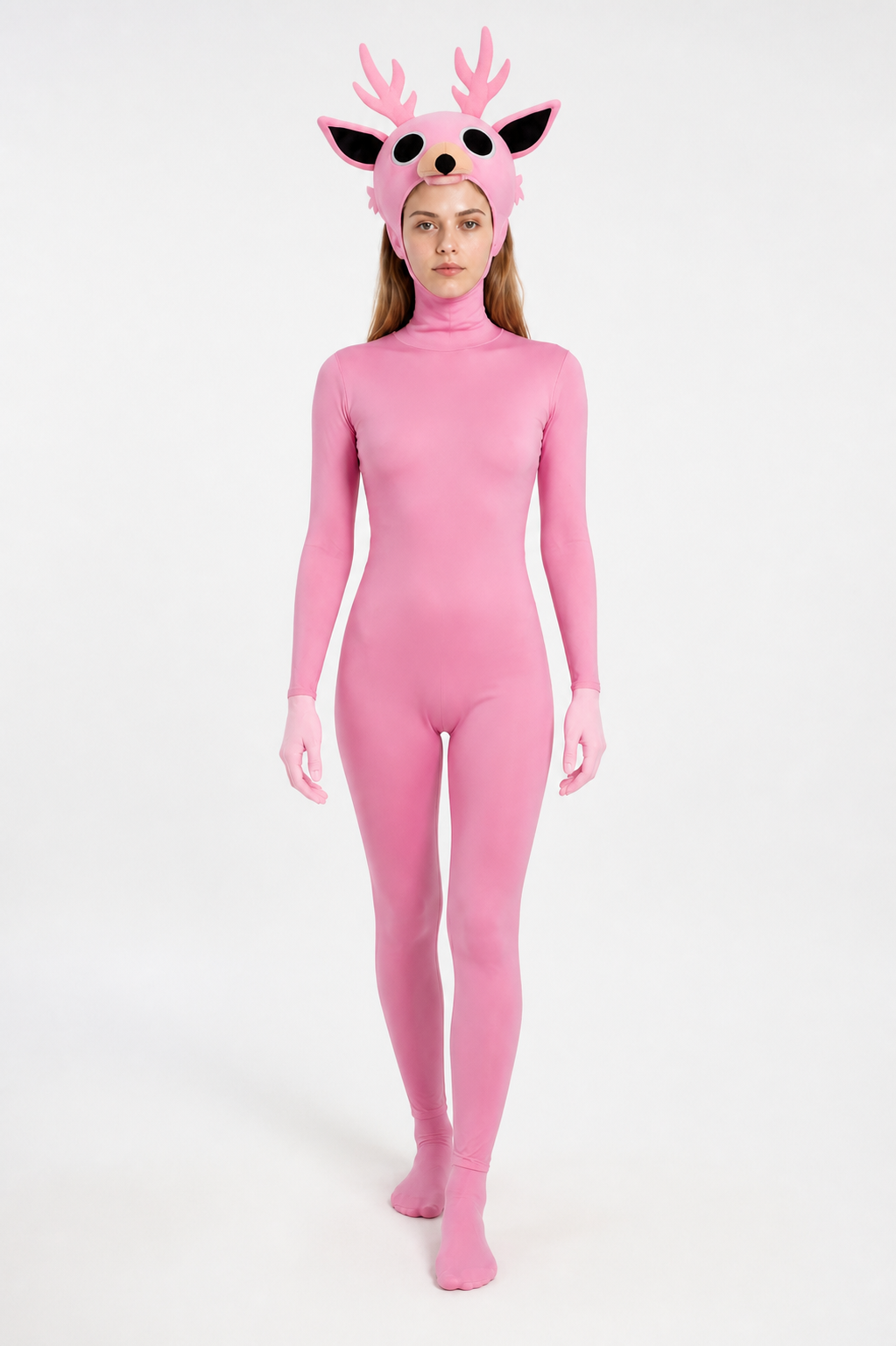 Pink One-Piece Deer Costume with Branching Antlers