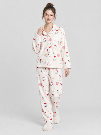 Flannel Pajamas with Cartoon Print, Cream White