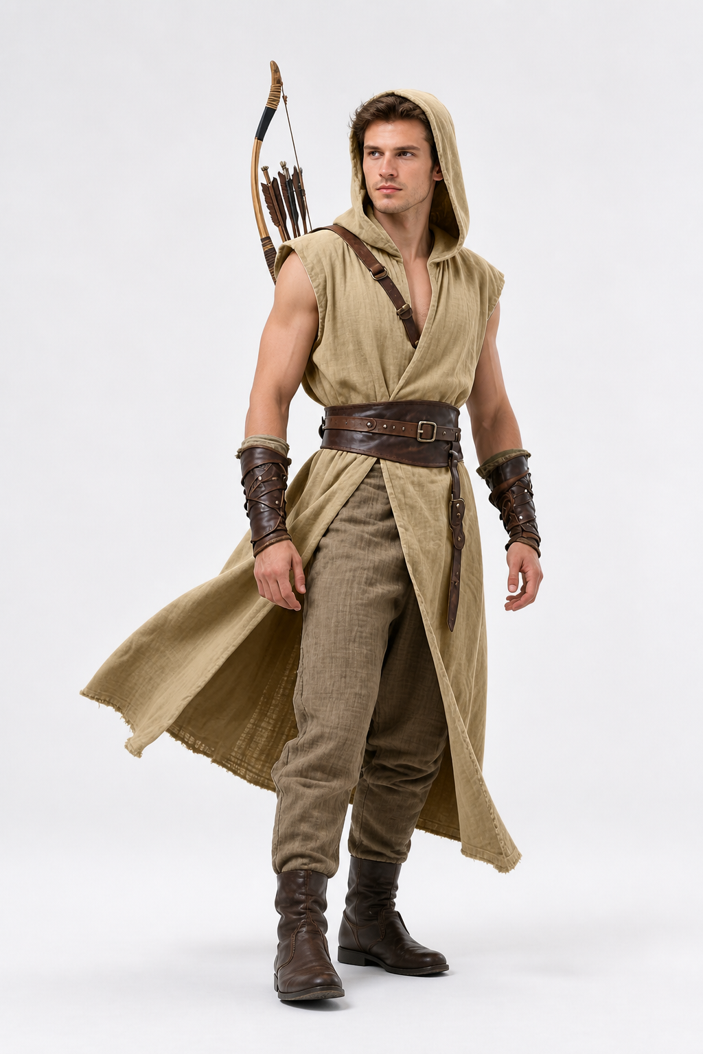 Khaki Sleeveless Medieval Hooded Cloak Costume Capes detail 2
