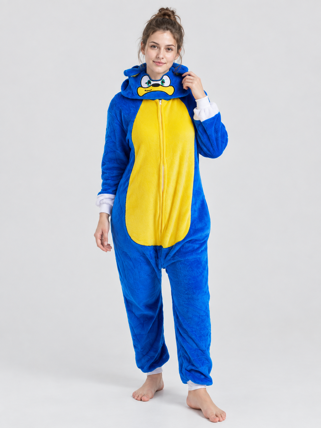 Blue Hooded Pajama Jumpsuit with Yellow Insert
