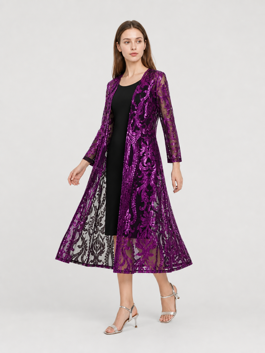 Long Sequin Dress with Sheer Hem