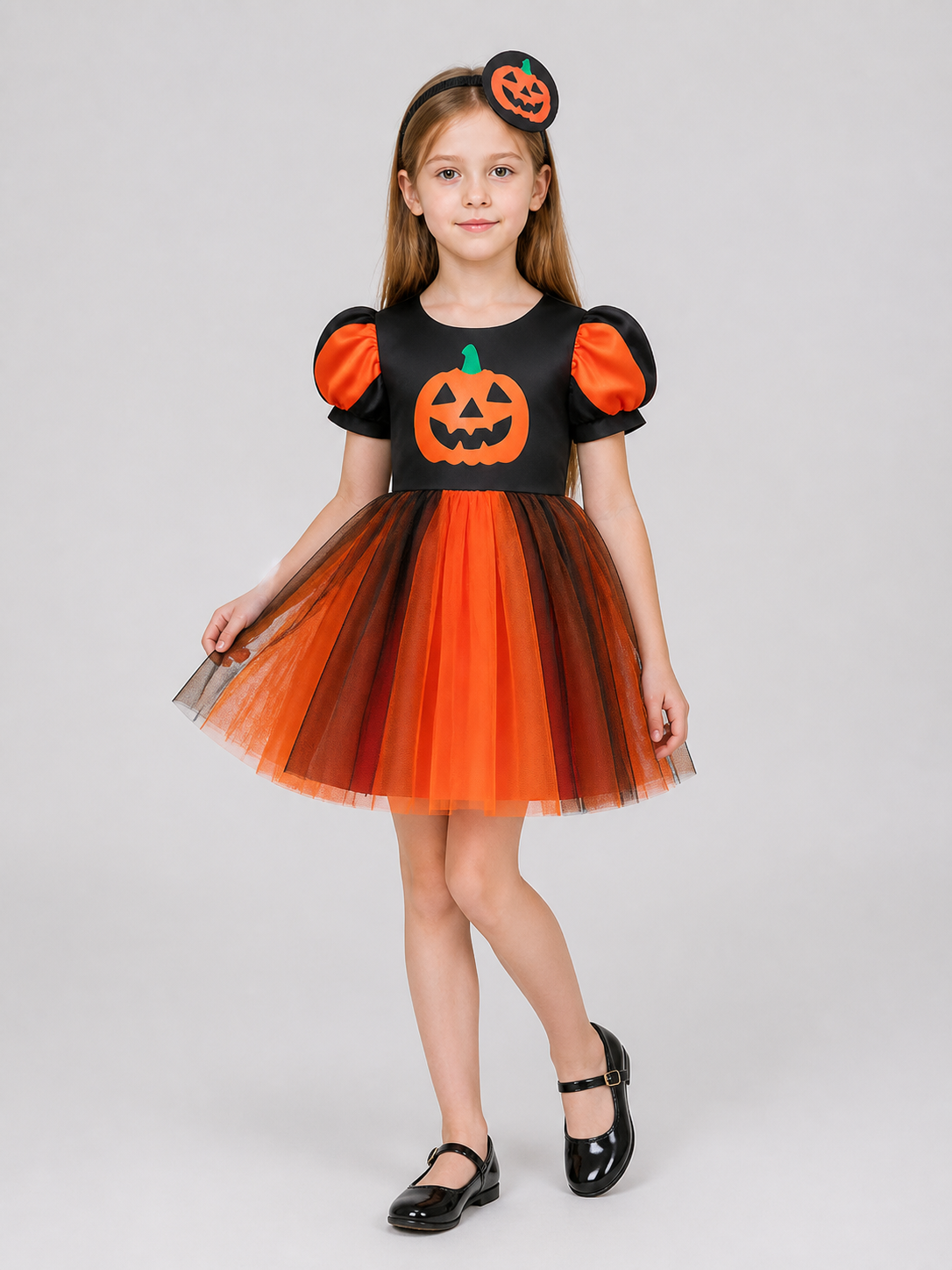 Halloween Pumpkin Dress with Headband, Full Skirt