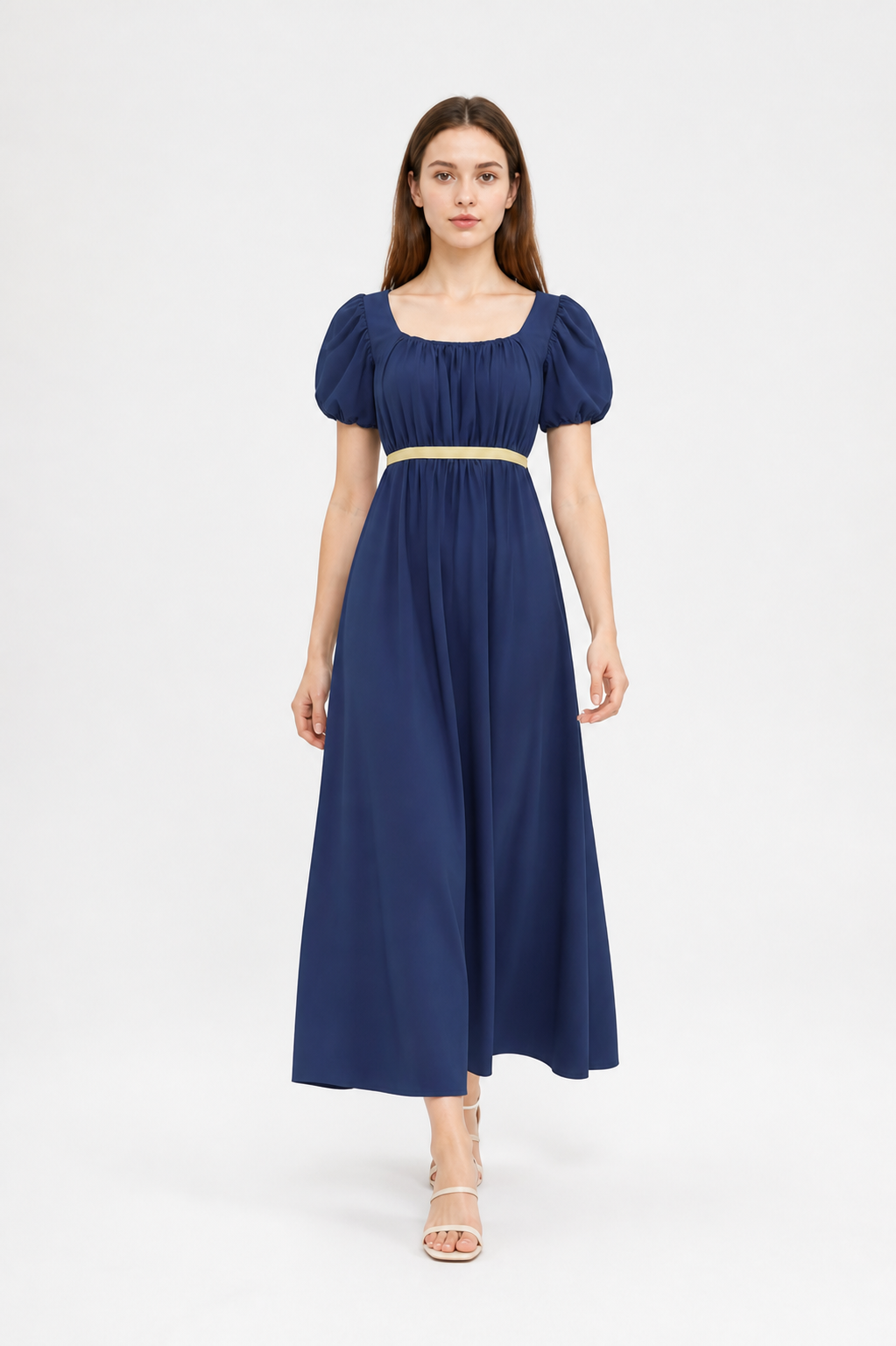 Long Blue Dress with Puff Sleeves and Ribbon Costume Dresses detail 2