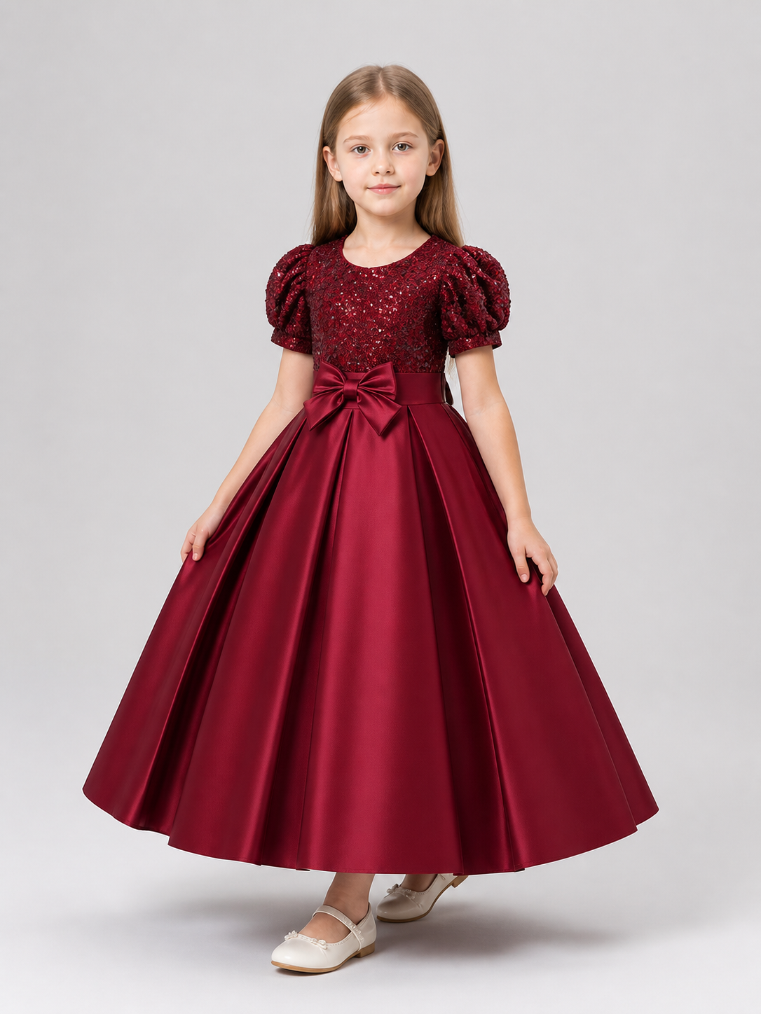 Burgundy Sequin Princess Dress for Girls, Floor-Length Costume Dresses detail 2