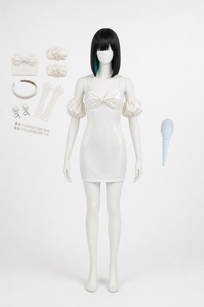 White Cosplay Costume with Bow and Wig Costume Wigs detail 2