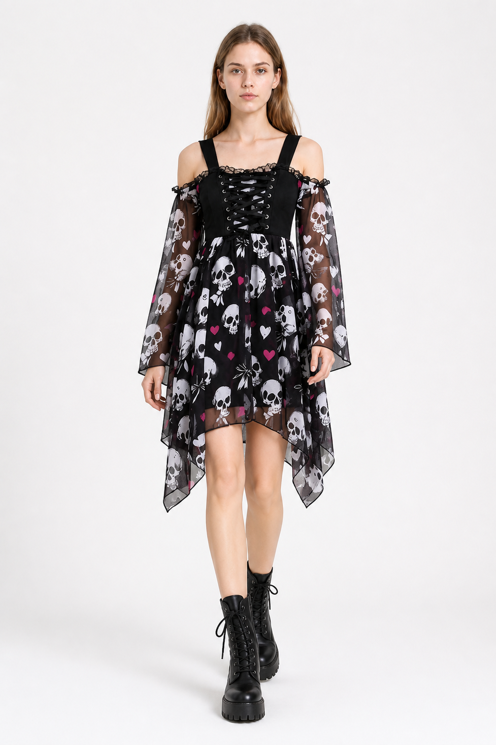 Gothic Skull Asymmetrical Tie-Front Dress Costume Dresses detail