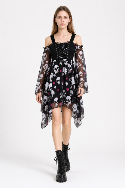 Gothic Skull Asymmetrical Tie-Front Dress Costume Dresses detail