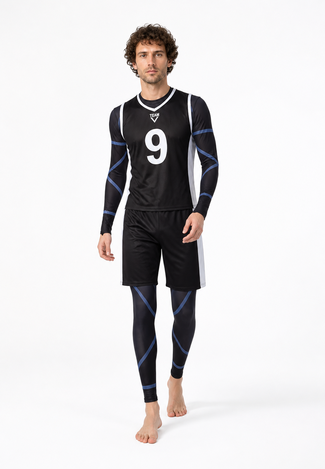 Soccer cosplay costume with No. 9, blue and white Costumes detail