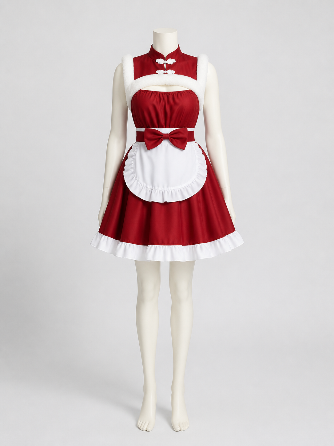Red and White Christmas Dress with Apron and Bow Costume Dresses detail 2