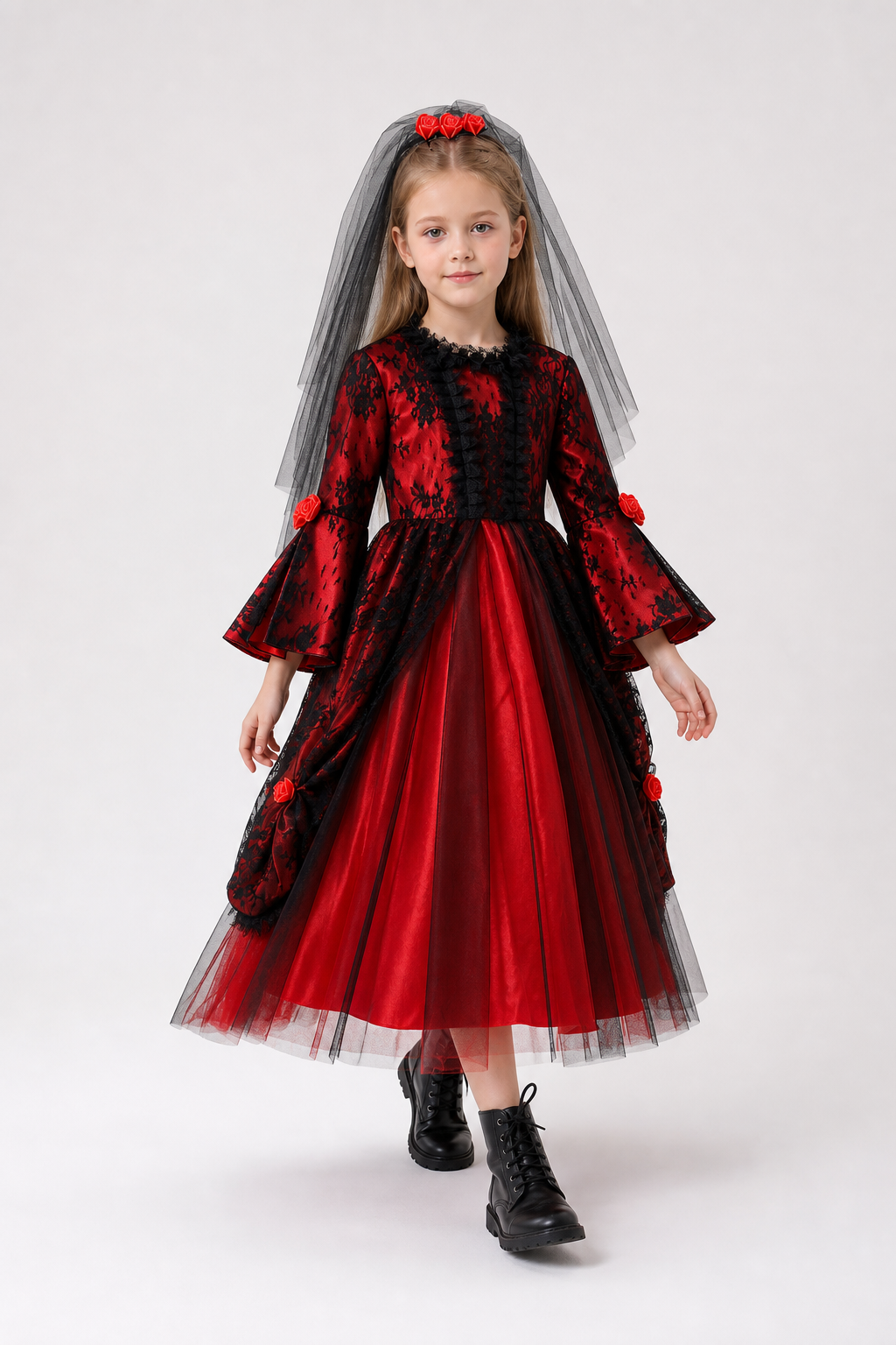 Long Gothic Dress with Red Roses and Lace