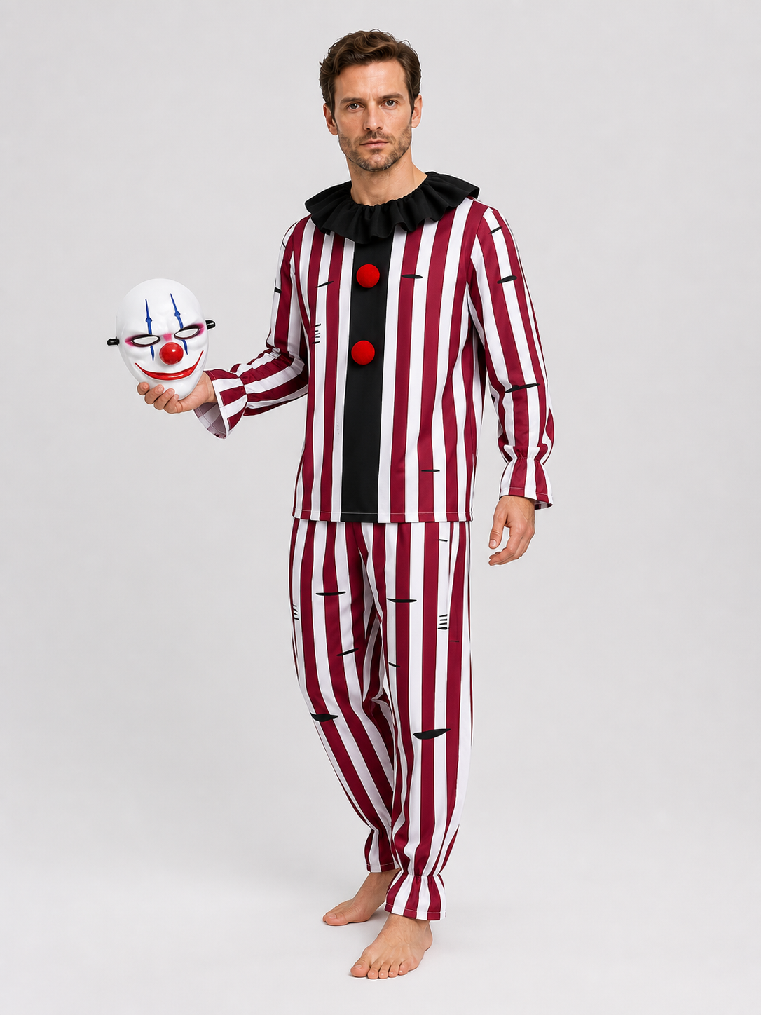 Scary Clown Costume with Mask, Red and White Stripes Costume Masks detail 2