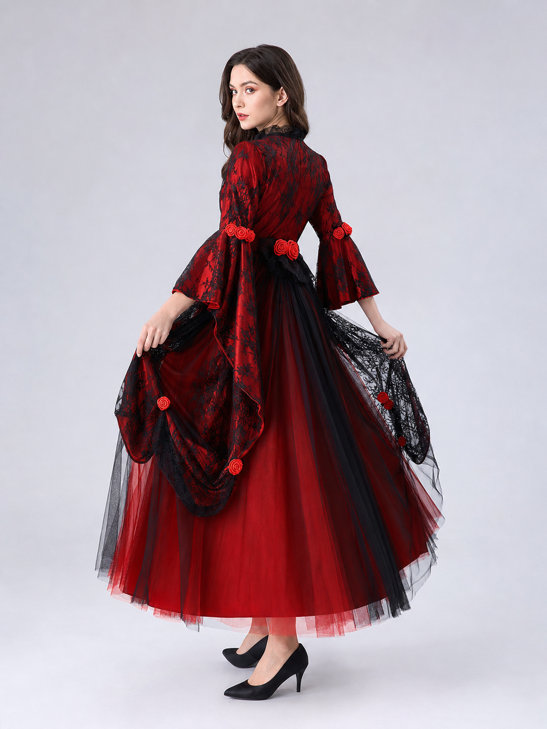 Gothic dress with roses and lace, red and black