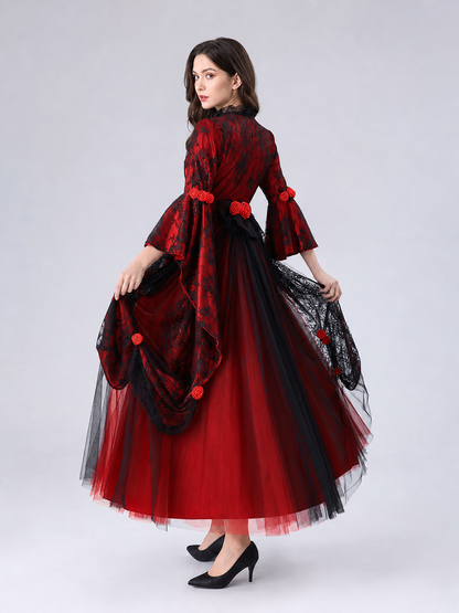 Gothic dress with roses and lace, red and black