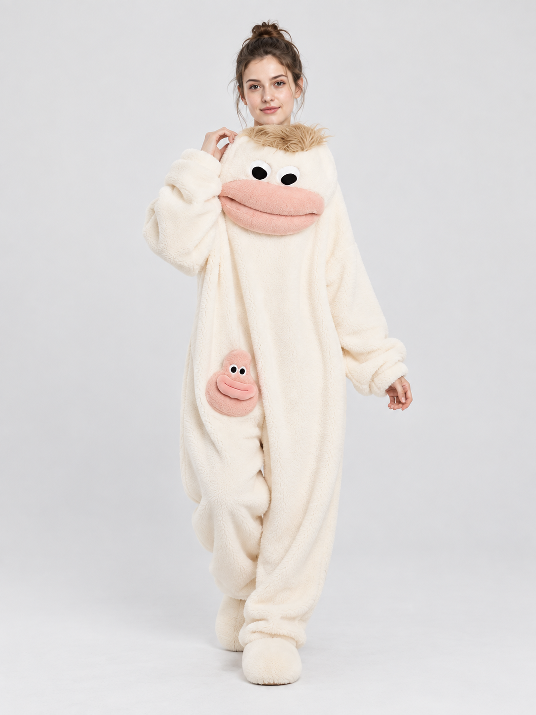 White Insulated Pajama Jumpsuit with Cartoon Design