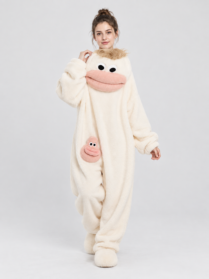 White Insulated Pajama Jumpsuit with Cartoon Design