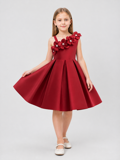 Dressy Burgundy One-Shoulder Dress with a Full Skirt