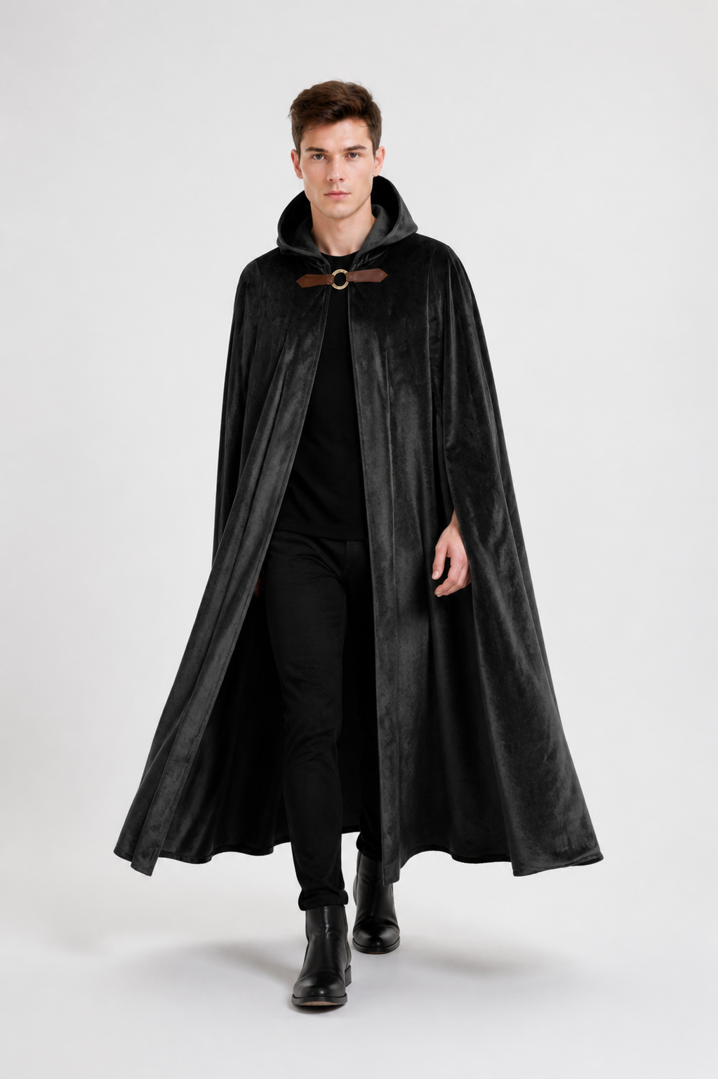 Long Black Hooded Cape with Closure Costume Capes detail 2