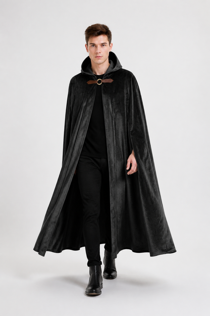 Long Black Hooded Cape with Closure Costume Capes detail 2