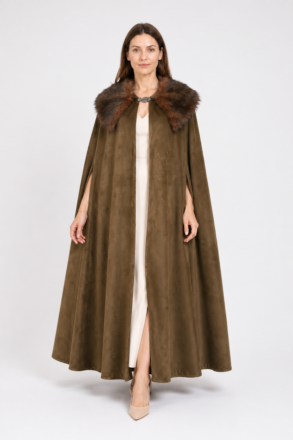 Long Open-Front Cape with Fur Collar, Brown