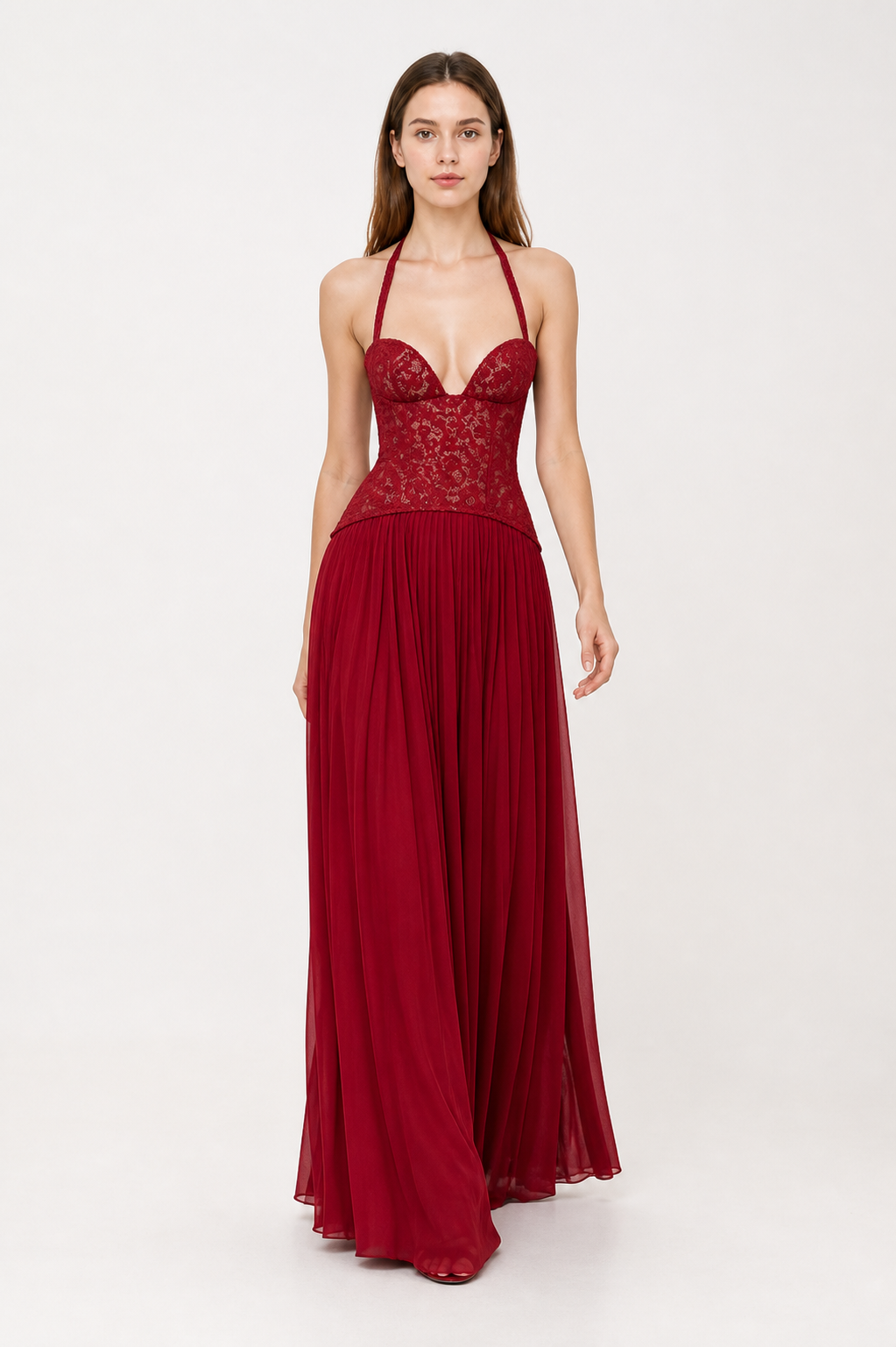 Maxi Dress with Halter Straps, Corset Bodice, and Pleated Skirt Costume Dresses detail 2