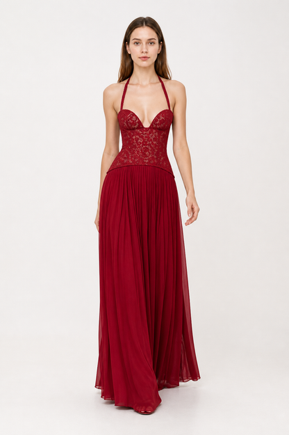 Maxi Dress with Halter Straps, Corset Bodice, and Pleated Skirt Costume Dresses detail 2