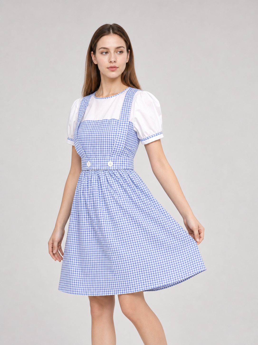 Blue-and-White Check Dress with Puff Sleeves