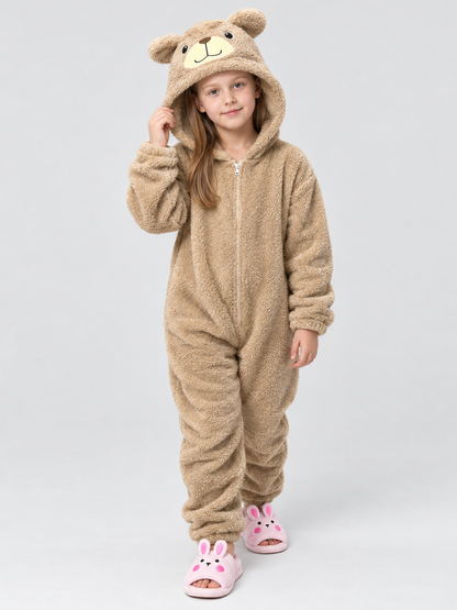 Flannel Bear Pajama Jumpsuit, Light Beige