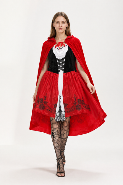 Red Dress with Hooded Cape and Floral Pattern Costume Dresses detail 2
