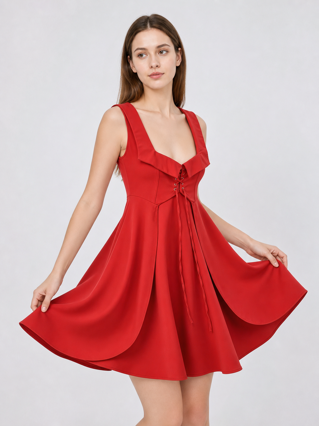 The red dress is designed in a vintage corset style and is suitable for costume events, themed parties, stage performances, and special occasions. The sleeveless design features a wide rounded neckline and a fitted bodice with structured pa