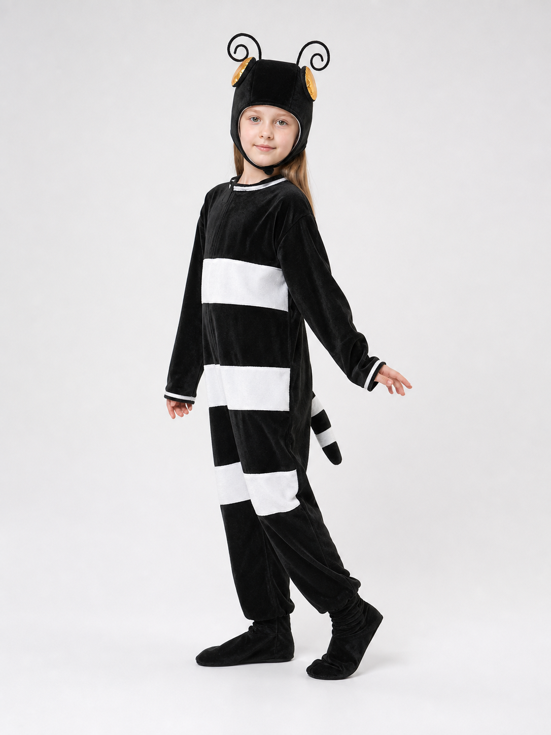 One-piece insect costume in a playful style, intended for dress-up, costume parties, themed events, and Halloween. The design is a jumpsuit with long sleeves, a black body, and wide white horizontal stripes. A black headpiece with curled an