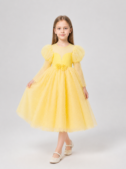 Yellow Princess Dress with Puff Sleeves and Flowers Costume Dresses detail 2