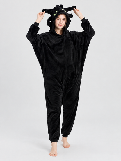 Black and white pajama jumpsuit with a hood and ears