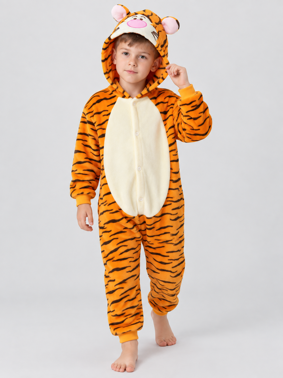 Flannel Hooded Pajama Jumpsuit with Animal Face