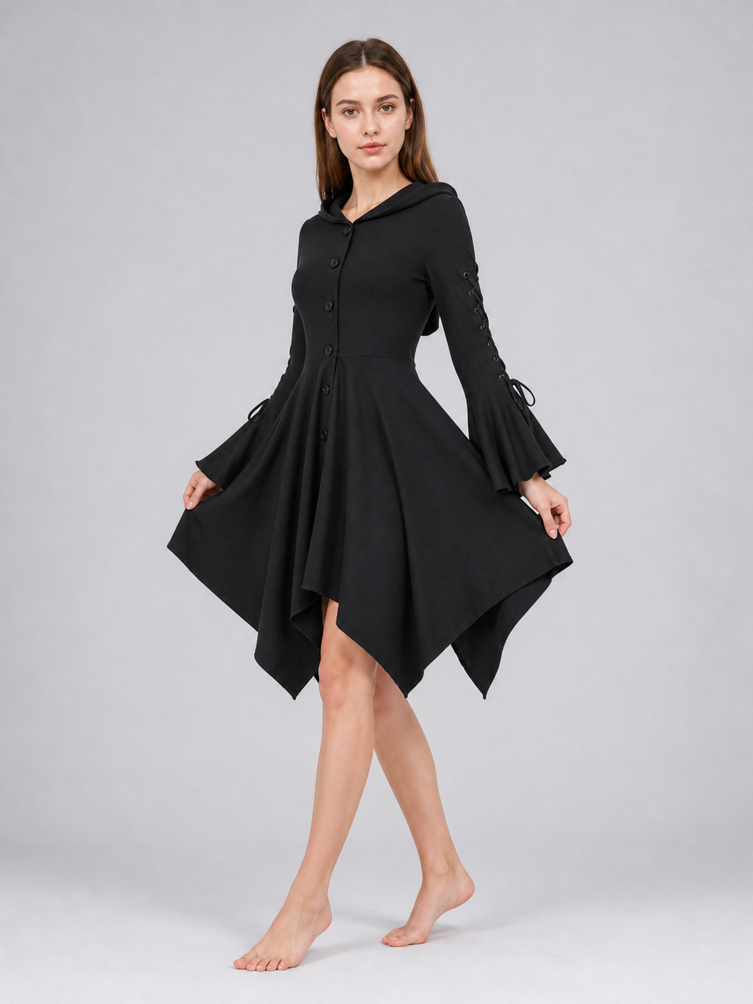 Gothic Hooded Dress with an Asymmetrical Hem