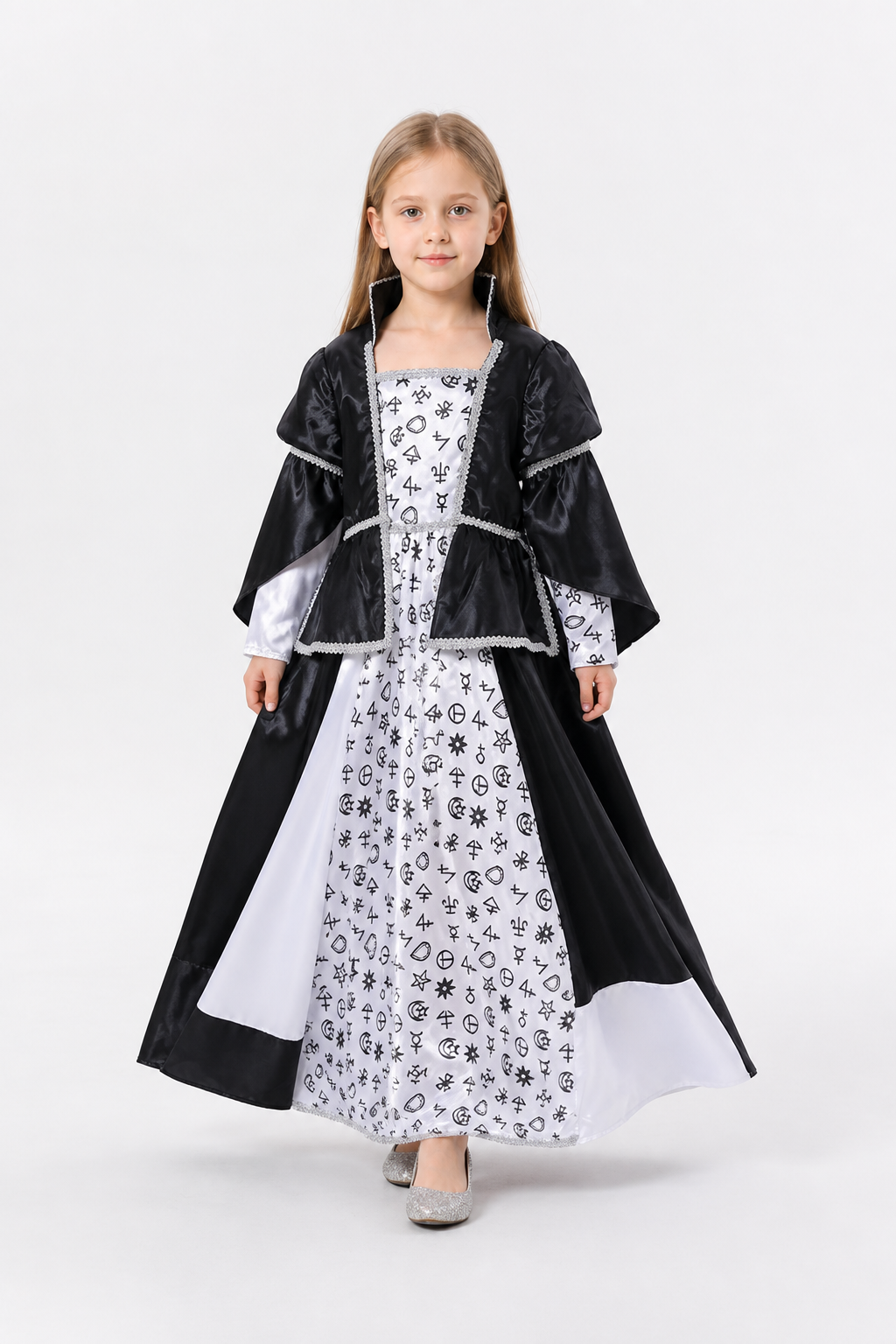Black-and-White Witch Costume with Dress and Cape on-model alternate view
