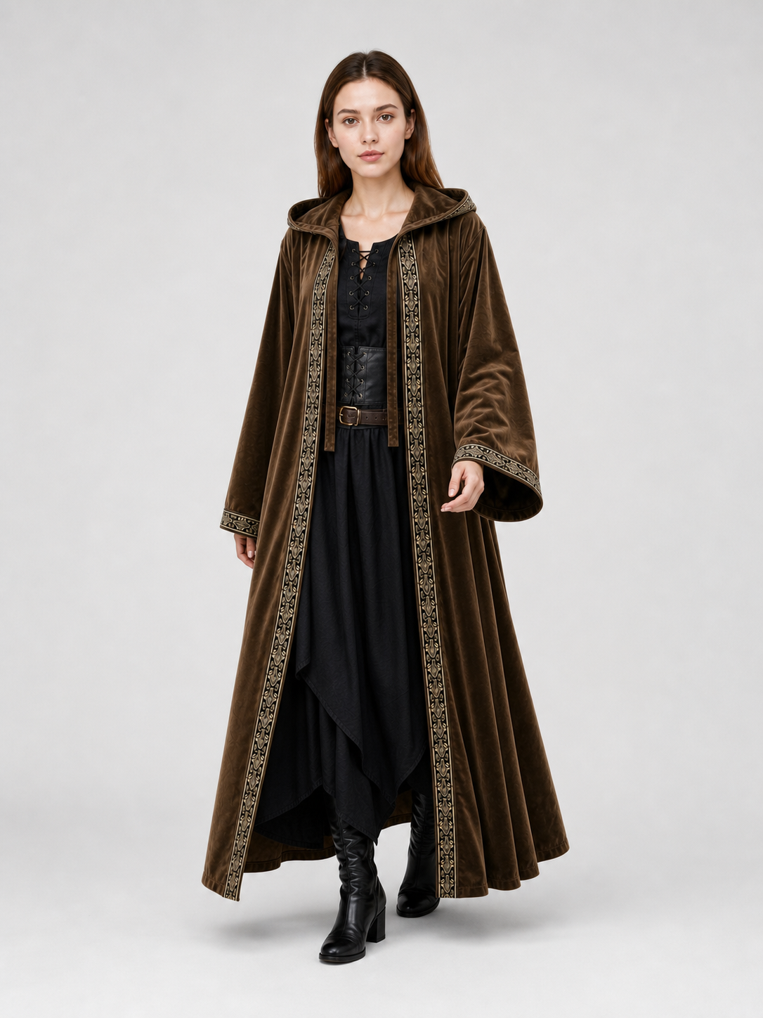 Long Hooded Robe, Brown, Loose Fit product detail 2