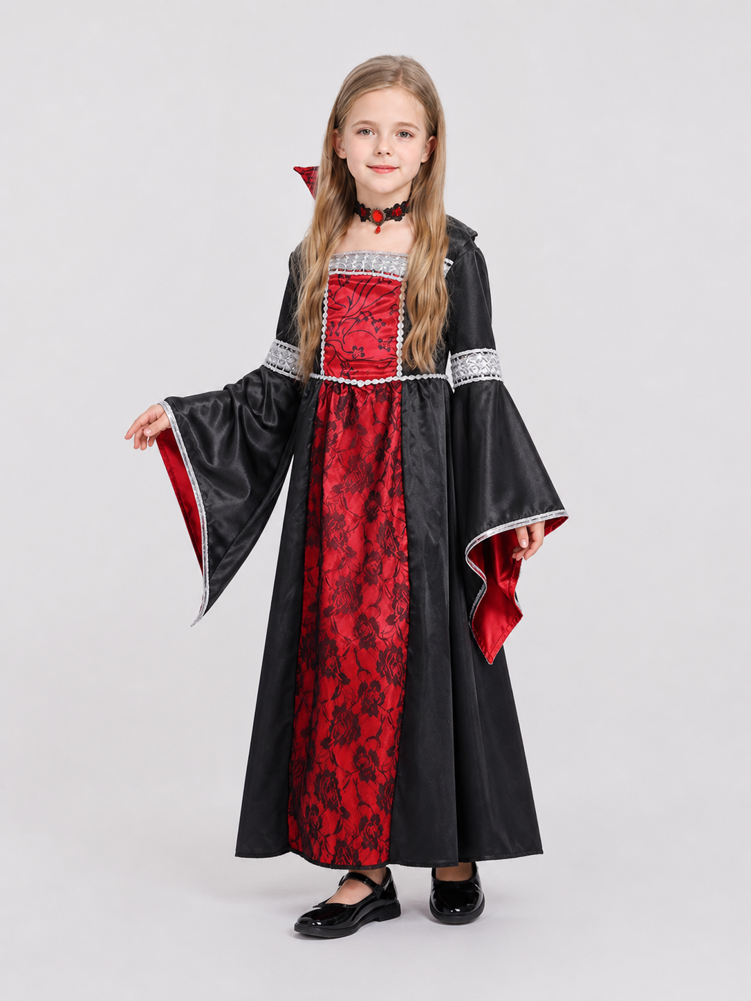 Red Halloween Witch Dress for Girls with Cape and Flowers Costume Dresses detail