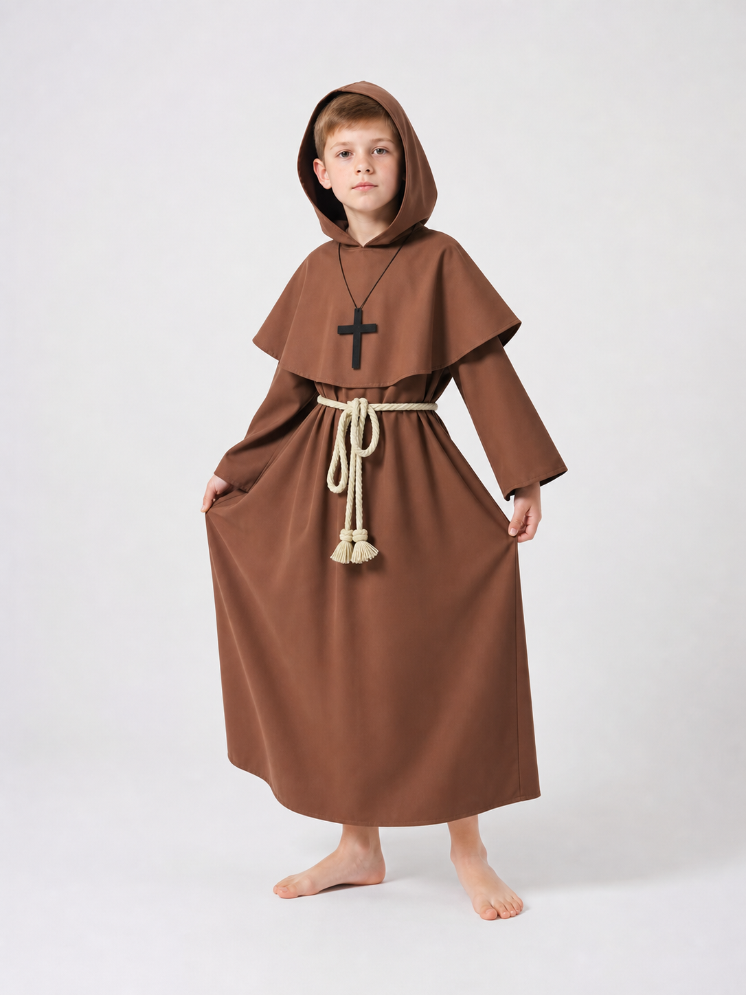 Brown hooded costume with cross