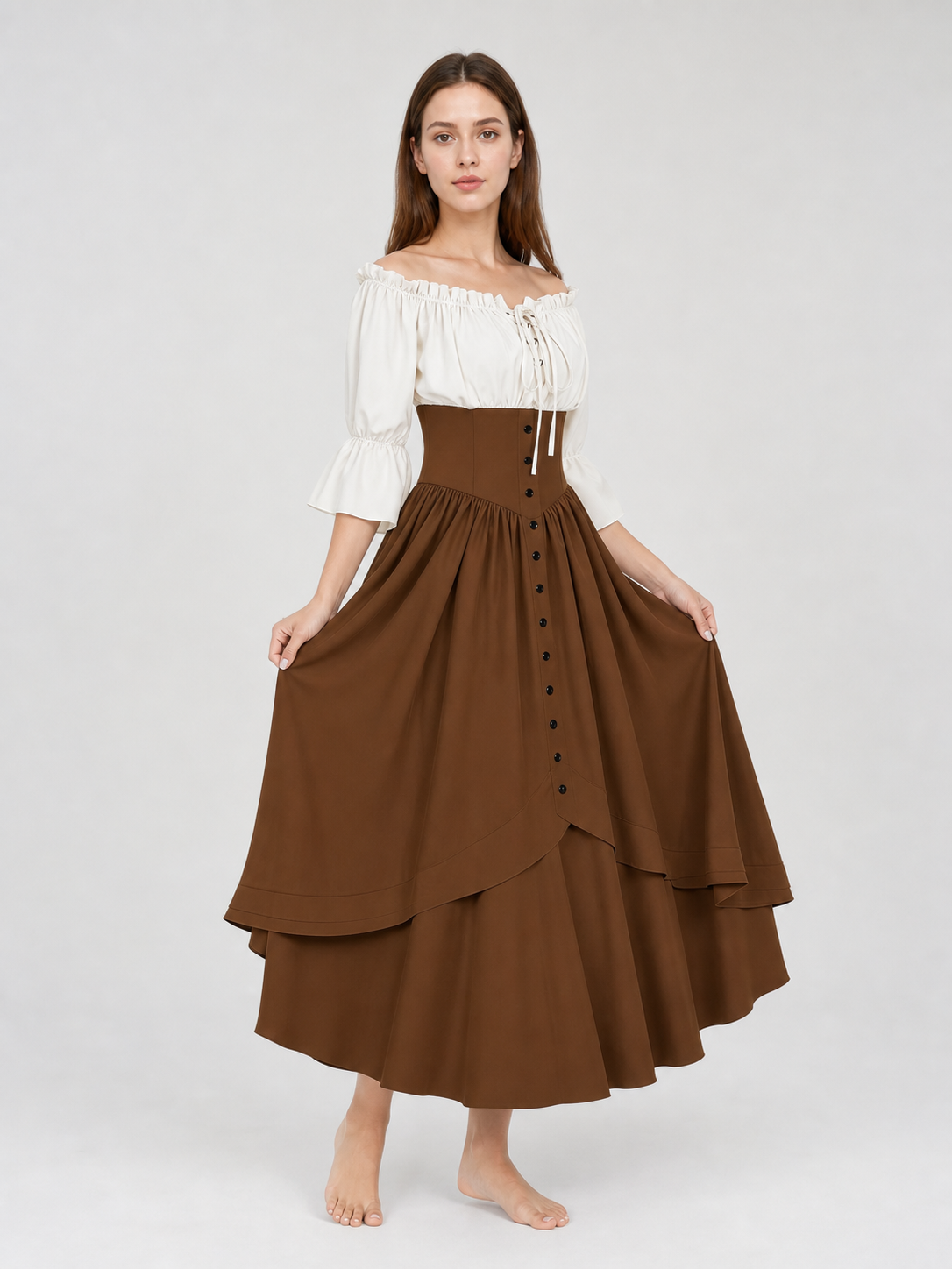 Brown Medieval-Style Dress with Ruffles