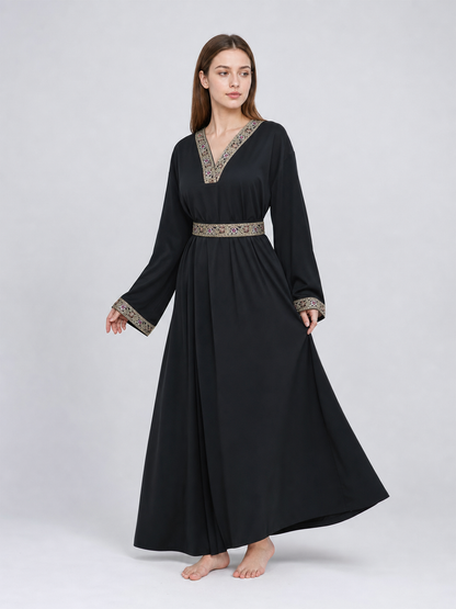 Maxi Dress with a V-Neckline and Embroidered Trim