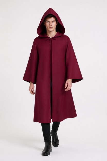 Long Burgundy Hooded Cloak with Flared Sleeves Costume Capes detail 2