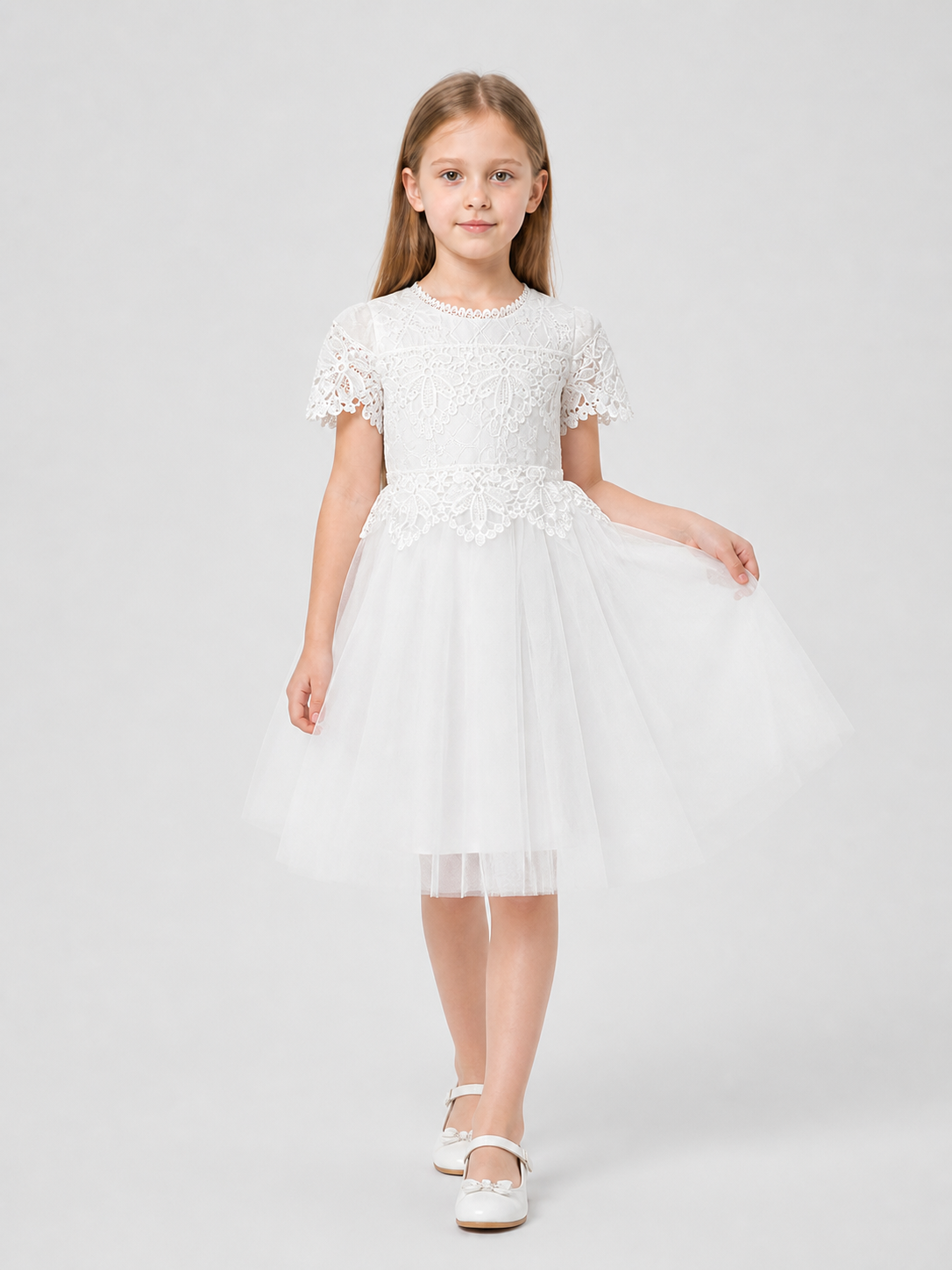 Elegant Girls' Lace Dress, White, Full Skirt Costume Dresses detail 2