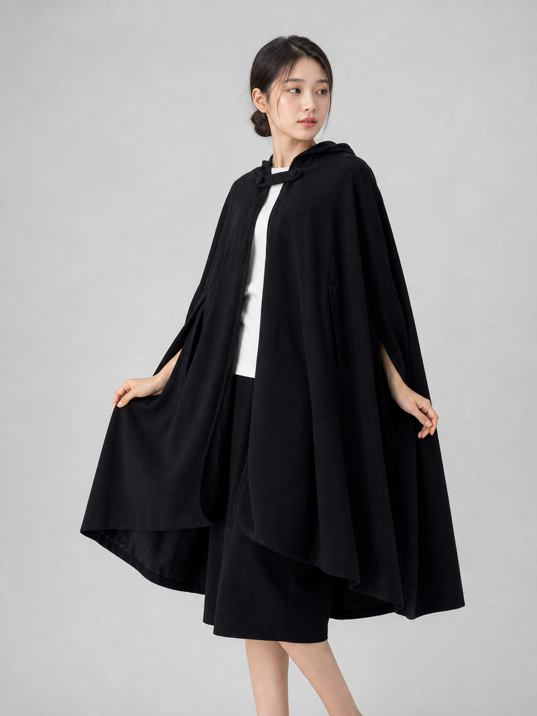 Long Black Hooded Cape with Clasp