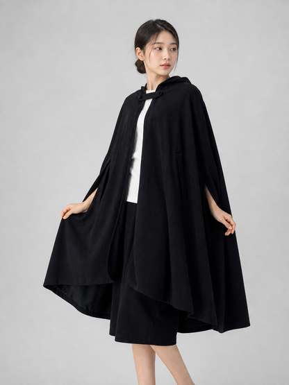 Long Black Hooded Cape with Clasp