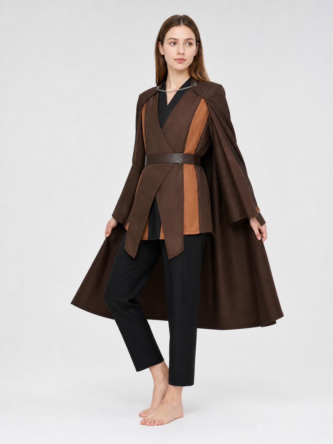Medieval Character Cosplay Costume Set, 4-Piece Brown Cape, Black Inner Garment, Belt And Pants, Role Play Stage Outfit