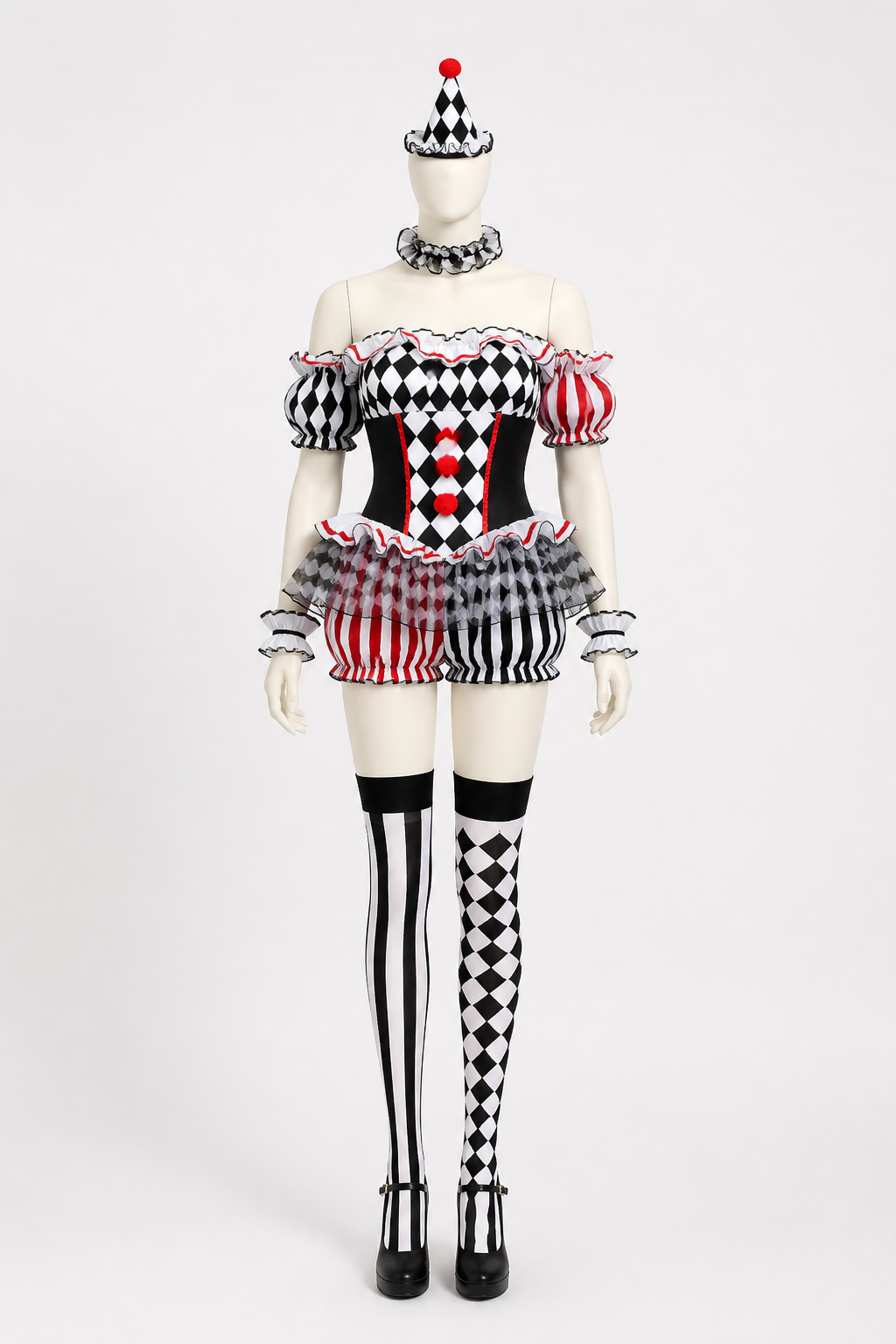 Red, White, and Black Ruffled Clown Costume for Halloween Costumes detail