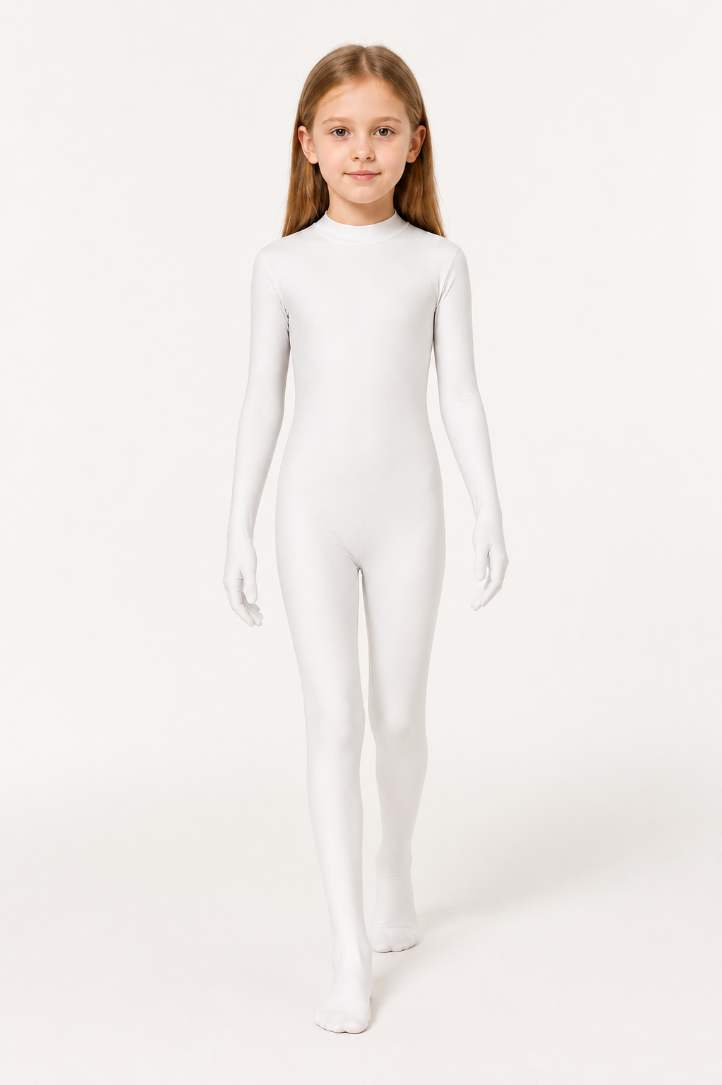 White form-fitting bodysuit with a hood and open face on-model alternate view